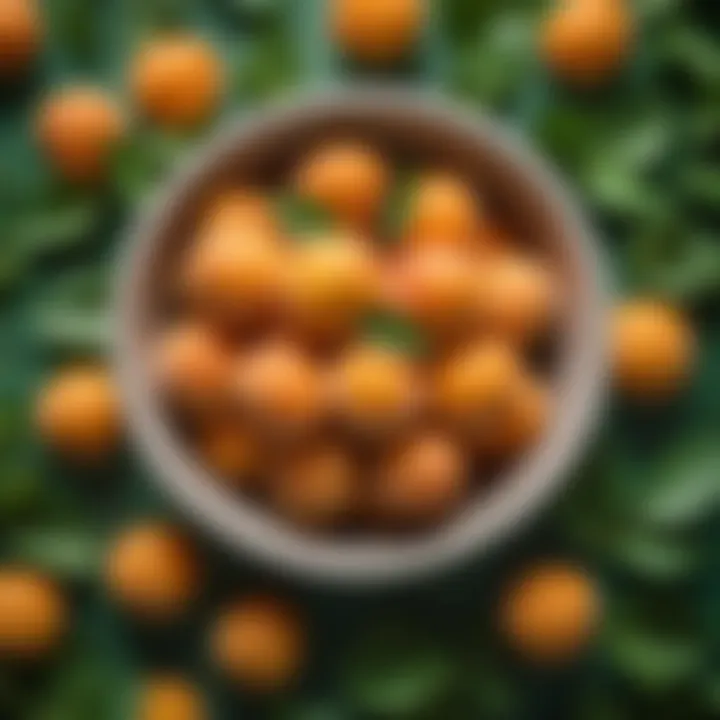 A bowl filled with fresh apricots surrounded by green leaves