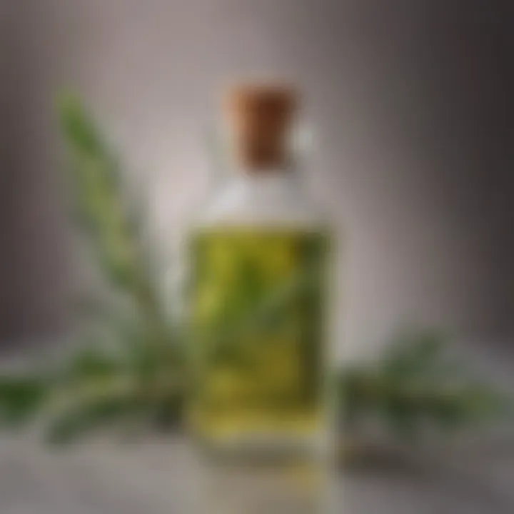 A close-up view of rosemary oil in a glass bottle surrounded by fresh rosemary leaves.