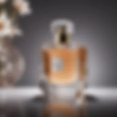 A close-up of a perfume bottle with an elegant design