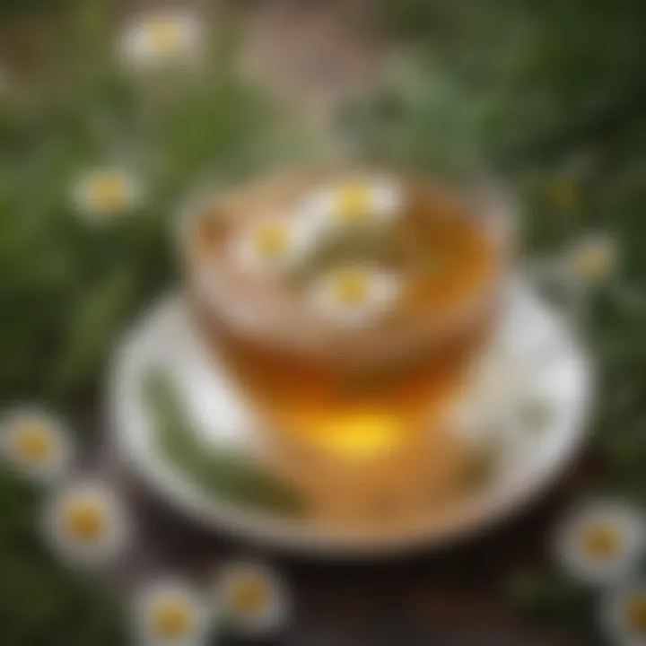 A cup of chamomile tea surrounded by herbs