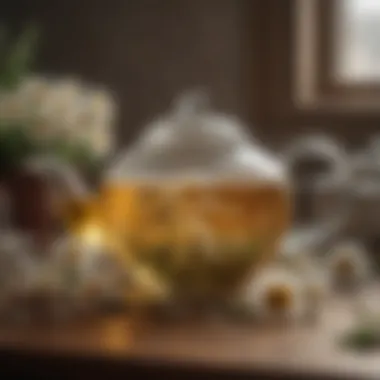 An elegant teapot with chamomile tea and dried flowers