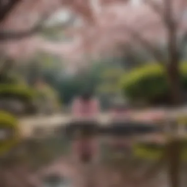 A serene Japanese garden with cherry blossoms, symbolizing tranquility in skincare.