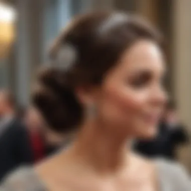 Chic updo hairstyle sported by Kate Middleton at a royal ceremony.