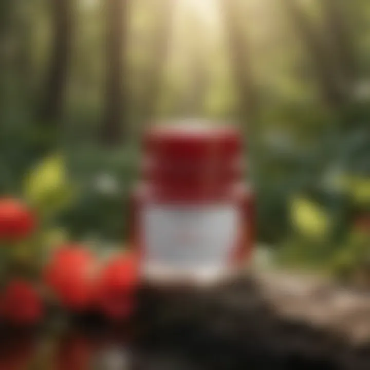 A serene setting showcasing a jar of red oil cream amidst nature.