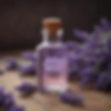 Lavender oil in a glass bottle surrounded by lavender flowers