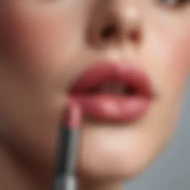 A close-up of a small lipstick being applied to lips, showcasing its texture.