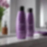 Bottle of purple shampoo on a bathroom shelf