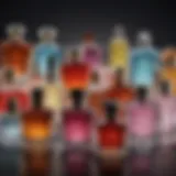 A vibrant display of various perfume bottles showcasing different styles and shapes.