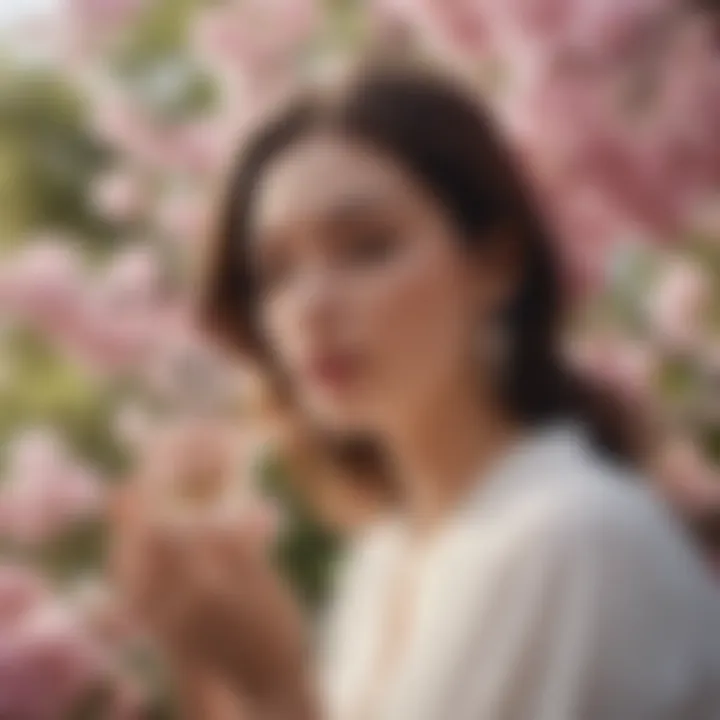 A serene woman enjoying the fragrance of a floral perfume.