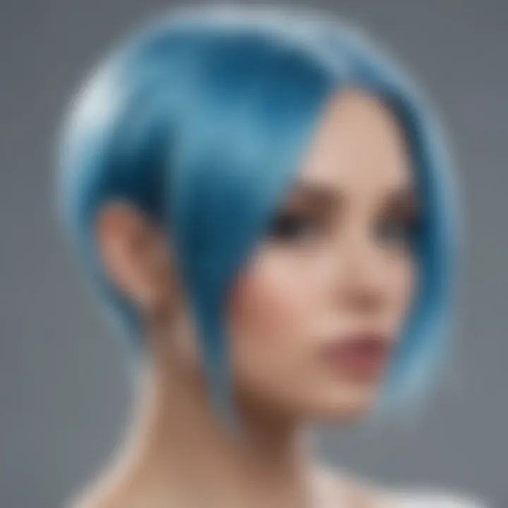 A styled look featuring six blue hair in a creative hairstyle