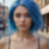 Vibrant blue hair showcased in an urban setting