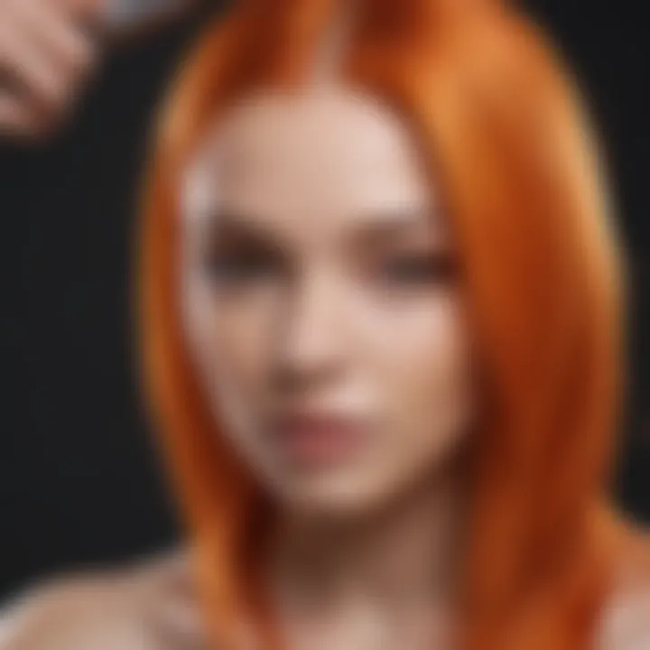 A professional applying orange hair dye to a client's hair.